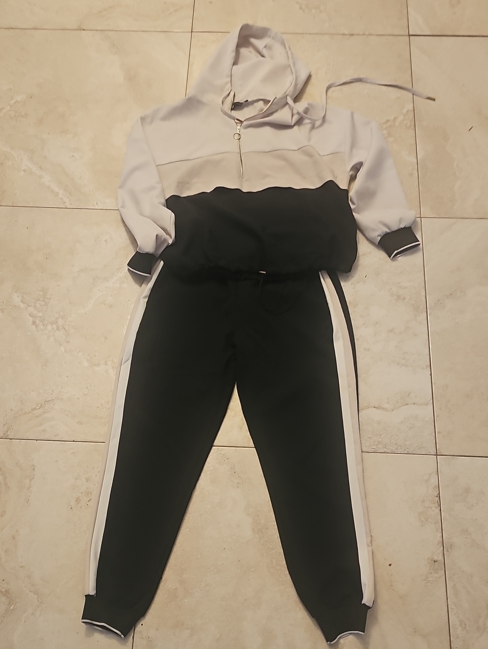 Zara Two-Tone Black & Beige White Hooded Jogger Set